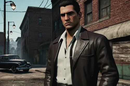 deacon,black city,detective,jacket,overcoat,chrysler,trench coat,john doe,leather jacket,bolero jacket,private investigator,smoking man,austin cambridge,johnnycake,main character,ford five hundred,gangstar,screenshot,investigator,old coat,Illustration,Japanese style,Japanese Style 08