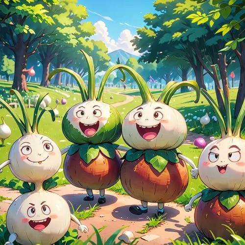 In an outdoor park, several anthropomorphized turnips with short legs and small arms are spread across the scene, with different expressions and poses. Some turnips have angry expressions, while other