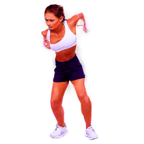 Squatting, athletic woman, strong legs, toned muscles, sporty outfit, bright colored shorts, white sports bra, sneakers, dynamic pose, low-angle shot, dramatic lighting, sweat droplets on skin, ripped