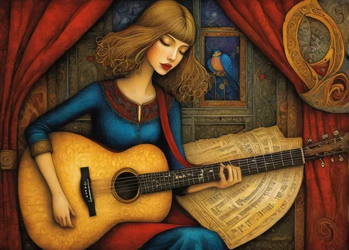 woman playing,acoustic guitar,musician,guitar player,classical guitar,concert guitar,guitar,playing the guitar,serenade,acoustic-electric guitar,folk music,guitarist,musicians,itinerant musician,songbook,harp player,music instruments,woman playing violin,stringed instrument,cavaquinho,Illustration,Abstract Fantasy,Abstract Fantasy 09