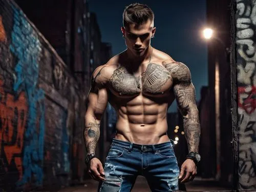 Muscular man, Kai Azer, shirtless, ripped chest, athletic build, short spiky hair, intense gaze, strong jawline, sleeve tattoos, rugged skin texture, worn-out jeans, black boots, confident posture, st