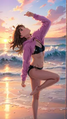 a photography of a caucasian girl 23 years old, brown hair, looking to sky wearing a pink sweater and black bikini stand up at sunset  in a beach whit the sea and weaves as background in 4k,a beautifu