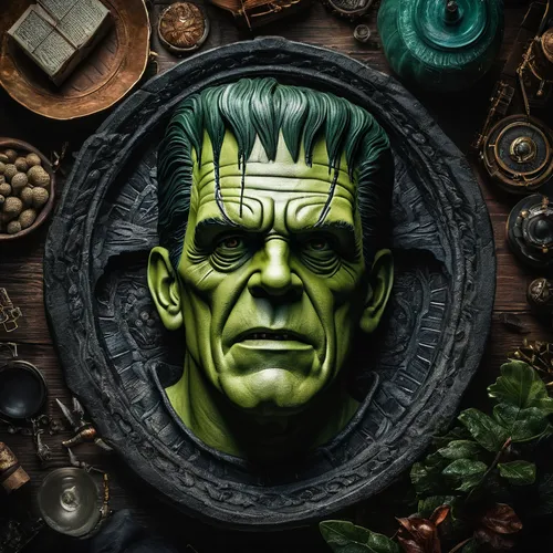 Frankenstein's monster with the face of James Coburn,halloween frankenstein,frankenstein,frankenstein monster,hulk,green goblin,frankenstien,green skin,green lantern,lokportrait,greengrocer,incredible