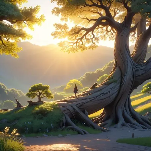 arvore e o sol,some trees sitting in the middle of a field,tree of life,yggdrasil,cartoon video game background,celtic tree,flourishing tree,konietzko,Anime,Anime,General