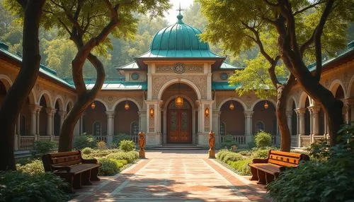 Byzantine style school, grand architectural structure, copper roofing, intricate copper filigree doors, ornate copper chandeliers, warm golden lighting, marble floors, tall pillars, vaulted ceilings, 