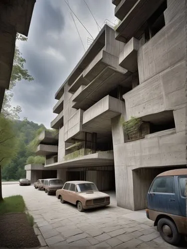 habitat 67,brutalist architecture,multi storey car park,concrete,concrete construction,underground garage,concrete blocks,reinforced concrete,exposed concrete,concrete ceiling,car park,concrete slabs,