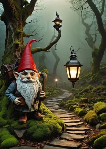 Deep forest, twilight atmosphere, ancient twisted trees, glowing mushrooms, intricate stone carvings, Gnome, bearded, pointy red hat, leather apron, wooden toolbox, holding lantern, warm soft lighting