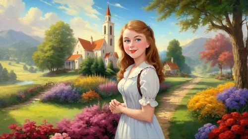 landscape background,princess anna,margairaz,fantasy picture,sansa,sound of music,pevensie,girl in the garden,galadriel,springtime background,rapunzel,girl in flowers,dorthy,sylvania,church painting,eilonwy,world digital painting,fairy tale character,spring background,malon