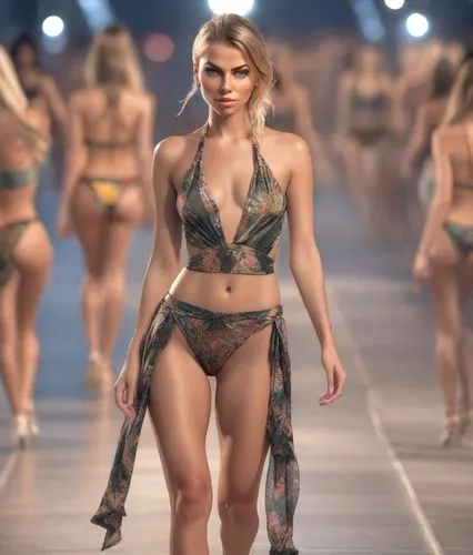 realistic fashion model on catwalk runway in a bikini fashion show, walking,runway,catwalk,agent provocateur,fashion show,runways,havana brown,two piece swimwear,female model,beautiful woman body,braz