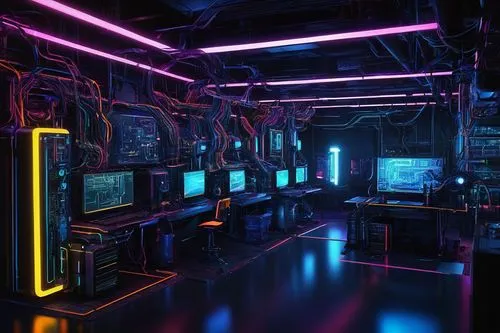 arcade,ufo interior,computer room,arcades,3d render,cyberpunk,cyberspace,nightclub,scifi,neon coffee,arcade games,game room,neon light,neon,80s,cyber,arcade game,80's design,cinema 4d,neon ghosts,Illustration,Japanese style,Japanese Style 12