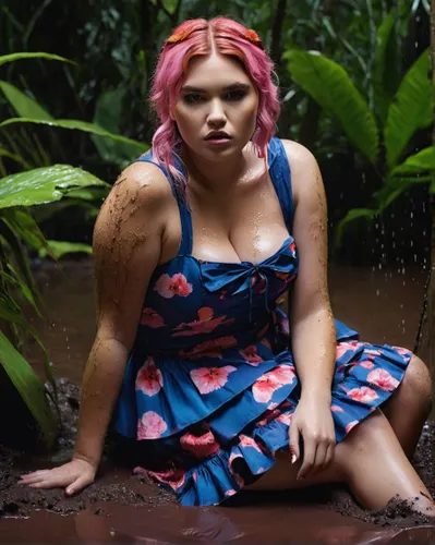 der arm steckt im schlamm,fae,wet,poison,wet girl,garden fairy,pink hair,plus-size model,water nymph,girl in the garden,photoshoot with water,costa rica,garden gnome,polynesian,hula,cave girl,the blon