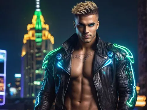 male model,havana brown,neon lights,neon light,neon body painting,neon,city lights,mohawk hairstyle,daemon,neon colors,boy model,leather jacket,austin stirling,alex andersee,men's wear,nerve,green jacket,visual effect lighting,ryan navion,photo session at night,Conceptual Art,Fantasy,Fantasy 27