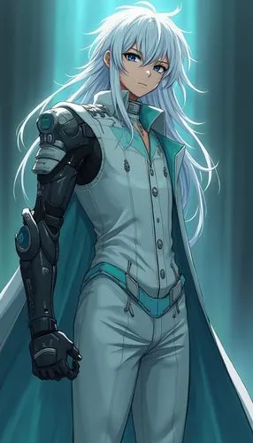 young man with long white hair and blue eyes. Futuristic white outfit with teal accents. Cybernetic black left arm. Confident pose with clenched fist.,a woman with white hair and a suit,kula,saiko,nar