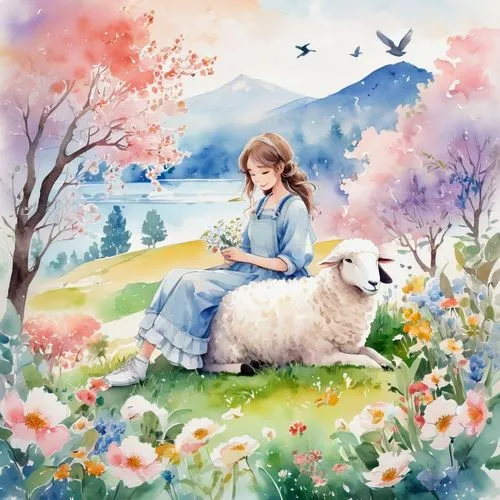 springtime background,spring background,aerith,watercolor background,spring greeting,landscape background,easter background,printemps,hanami,japanese sakura background,idyll,kokia,the good shepherd,spring blossoms,shepherd,natsume,belldandy,good shepherd,spring,farm background,Illustration,Paper based,Paper Based 25