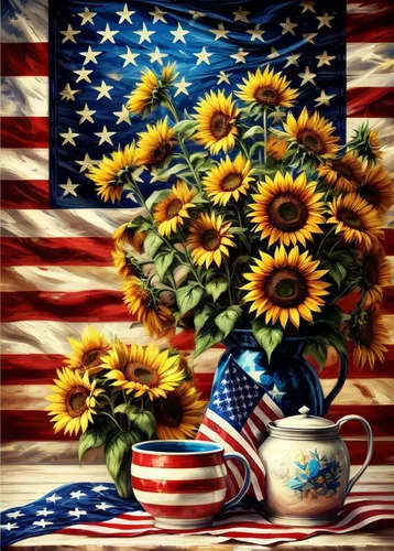 stars and stripes,sunamerica,sunflowers in vase,americano,patriotically,americana,sunflower paper,patriotique,americanness,red white blue,americanism,amerio,independance,americanus,tea party,flower pa