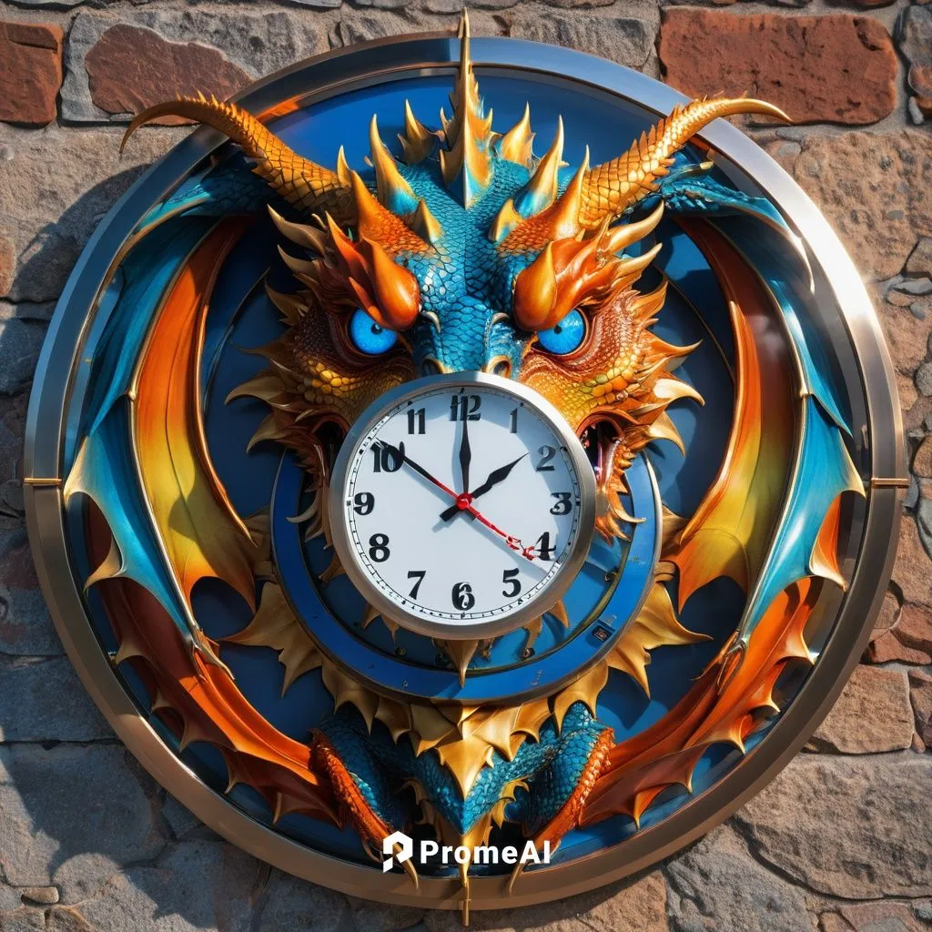 ((clock with dragon face)), rainbow,  led light, orange ond metali blue, ,wall clock,clockworks,tempus,clock face,timewatch,new year clock,tock,world clock,clock,time spiral,time lock,horologium,clock