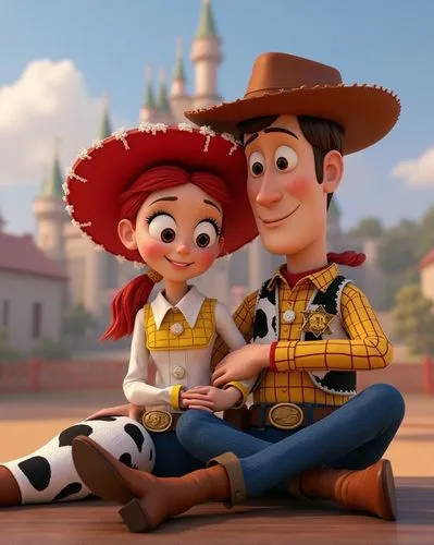 Woody and Jessie sitting lovingly, leaning on each other, disney castle background, original disney characters, pixar 3D characters, Jessie the Yodeling Cowgirl, Sheriff Woody Pride, realistic animati