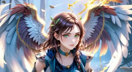 On her back, she has a pair of big iridicent wings that unfold elegantly, their feathers are edged with a ligth hue that reflects an unearthly light. These wings, while beautiful, have an appearance o