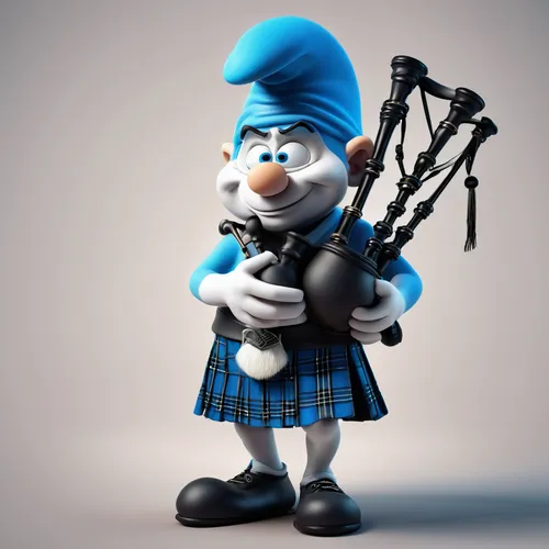 A Smurf in a kilt plays the bagpipes. 3D comic style,bagpipe,bagpipes,scottish,scotsman,scottish golf,scottish smallpipes,pipe and drums,scot,smurf figure,kilt,tartarstan,tartan background,highlander,