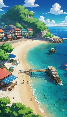 beach scenery,machico,honolulu,seaside resort,butka,sanya,summer background,seaside country,beach landscape,dream beach,mountain beach,kotoinazuma,french digital background,waikiki,hoenn,nahoko,niijima,senkaku,ocean background,alisjahbana,Illustration,Japanese style,Japanese Style 03