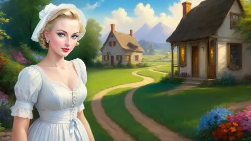 Romantic masterpiece oil painting, beautiful curvy busty woman portrait, silk midwife dress, standing, nostalgic 1950's style kitsch, breathtaking beautiful epic vast American Midwestern landscape, li