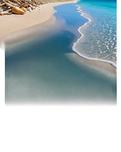 Tropical whitesand beach, solo scenery, sunny day, clear blue sky, gentle waves, soft sand, palm trees swaying, seashells scattered, driftwood, calm atmosphere, warm lighting, 3/4 composition, shallow