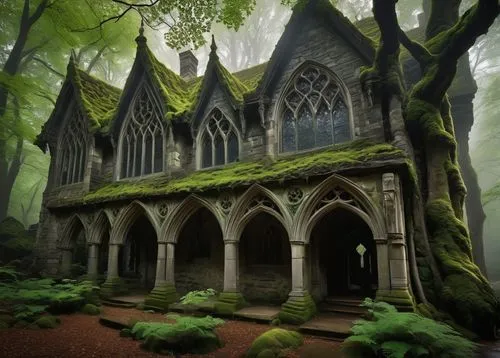 forest chapel,haunted cathedral,sunken church,house in the forest,witch's house,gothic church,witch house,wooden church,gothic style,black church,moss landscape,holy forest,forest house,rivendell,the black church,mirkwood,gothic,abandoned place,holy place,elven forest,Photography,Documentary Photography,Documentary Photography 13