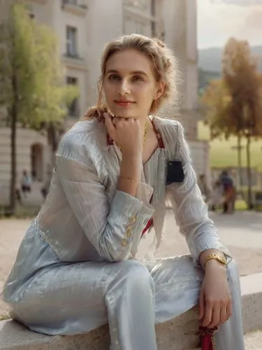 a woman with long curly hair and a golden apron sits on a bench in a park, his eyes fixed on the world beyond. She wears a red dress and a brown t-shirt, and her hair is pulled back into a ponytail. T