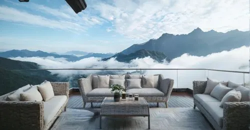 户外山上云海风景,sky apartment,house in the mountains,house in mountains,alpine style,outdoor sofa,above the clouds,penthouse apartment,roof landscape,roof terrace,the cabin in the mountains,over the alps,cha