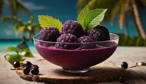 Transport yourself to a tropical paradise with a blackcurrant sorbet infused with coconut.,colada morada,purple grapes,acai,blackcurrant sorbet,grape seed extract,acai brazil,exotic fruits,açaí na tig