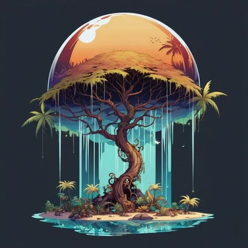 island suspended,tropical tree,tropical island,floating island,palm tree,neotropical,Illustration,Abstract Fantasy,Abstract Fantasy 11