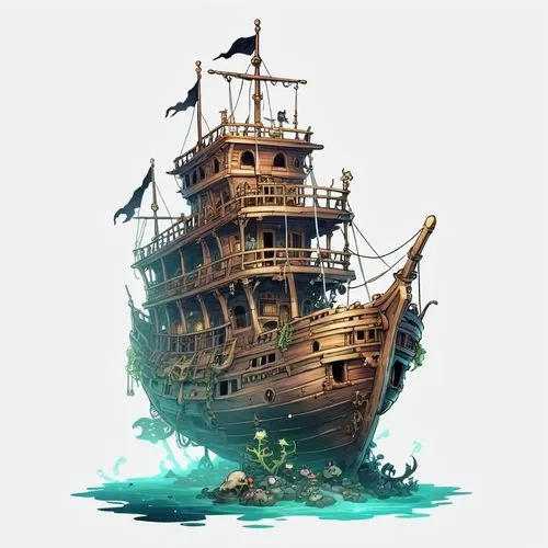 pirate ship,shipwreck,caravel,galleon,whaleship,old ship,Illustration,Abstract Fantasy,Abstract Fantasy 11