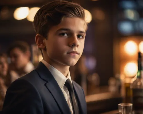 this boy escorts his father during his presidential campaign.,there is a male child with a suit and tie sitting at a bar,barron,boychoir,matteo,matthew,sprouse,finnic