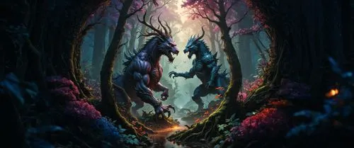 пусто,the two monsters walk through a forest of trees,mononoke,howling wolf,fenrir,the wolf pit,werewolve,okami