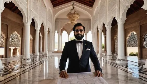 Architecture, master of design, solo, male, 40s, beard, glasses, black hair, formal wear, suit, tie, holding blueprints, standing, Spa Bhopal, Indian architecture, white marble, intricate carvings, gr