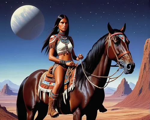 A young skinny woman with long straight dark hair, tanned skin and dark brown eyes. She is dressed with a native american clothes. She is mounting a horse. The background is an alien planet. Retro sci