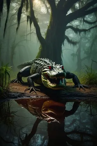 Six-legged alligator, swamp, murky waters, green scaly skin, razor-sharp teeth, glowing red eyes, muscular body, powerful tail, misty atmosphere, twisted tree roots, Spanish moss, mysterious lighting,