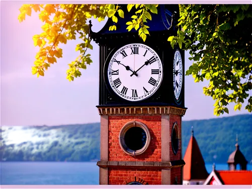 Clock tower, old town hall, clock face, Roman numerals, hour hand, minute hand, second hand, sunlight, morning light, warm tone, soft shadows, 3/4 composition, shallow depth of field, cinematic lighti