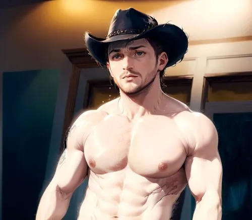 Tom Hardy, shirtless,armpit hair, cowboy,a  cowboy posing for a digital image,mccree,cowboy,wightman,howdy,stetson,cow boy,Anime,Anime,General