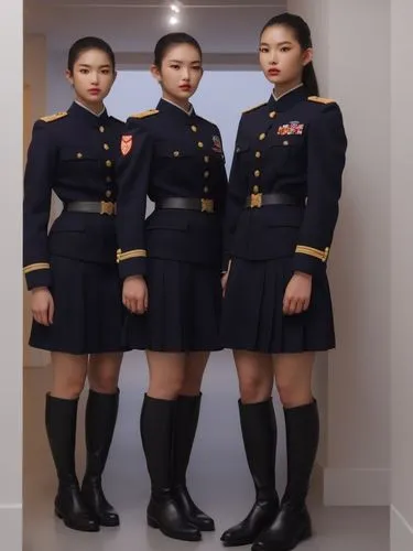 at random,three young female soldiers are standing by a doorway,stewardesses,military uniform,a uniform,policewomen,uniforms,police uniforms,Photography,General,Realistic