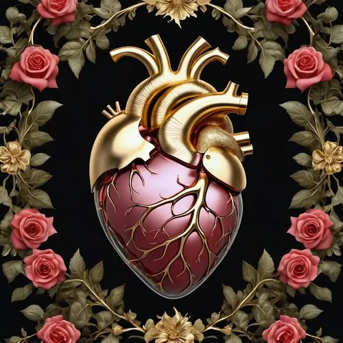 Glass anatomical human heart inside a black background. Newest anatomical human heart Heart decorated with roses made of gold petals
elegant fantasy intricate high detail wallpaper award winning fanta