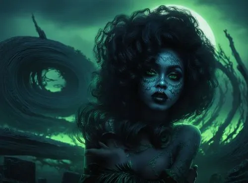 nude Beautiful nigerian girl, full dark curly hair, big green almond eyes, full black lips, misty sky,a girl with dark makeup standing in the green light,amphitrite,fathom,eldritch,medusa,naiad,medusa