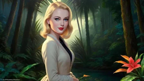 Romantic masterpiece oil painting, beautiful girl portrait, nostalgic 1950's style kitsch, vibrant rainforest landscape, lush tropical jungle paradise, beautiful natural scenery, lost wilderness, by T