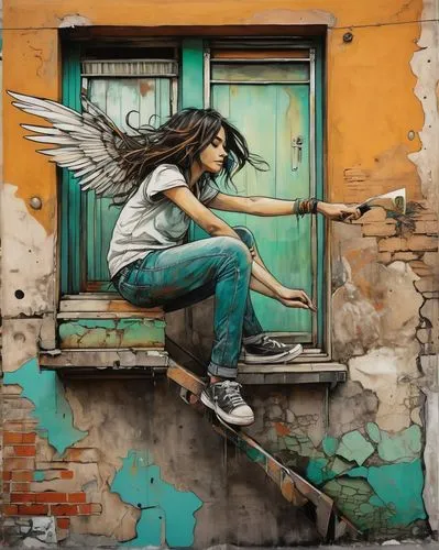 street art,streetart,graffiti art,urban street art,hawkgirl,grafite,street artist,urban art,street artists,angel wings,volar,angel wing,pacitti,welin,rone,winged heart,flying girl,winged,angelology,angelman,Illustration,Realistic Fantasy,Realistic Fantasy 23