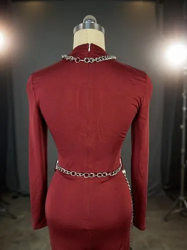 a mannequin dressed in a red bodysuit is displayed,bodice,collar,photo of the back,dress form,back view,red tunic