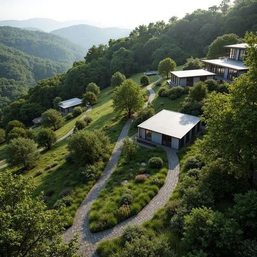 Rustic hillside, lush green vegetation, winding stone pathways, modernist Bauhaus buildings, flat roofs, rectangular forms, industrial materials, steel frames, large windows, minimalist decor, functio