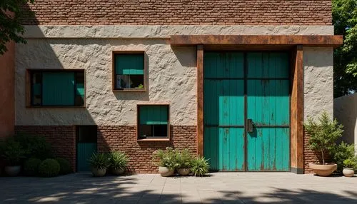 Distressed brick walls, rough-hewn stone facades, rusty metal accents, worn wooden planks, vibrant turquoise glass, abstract geometric patterns, irregular shapes, bold color contrasts, dramatic lighti