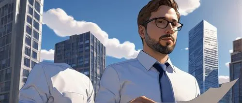 Modern architect, mature man, 35-40yo, short brown hair, glasses, beard, white shirt, dark blue suit, tie, holding blueprint, standing, skyscraper, cityscape, urban, sunny day, clear sky, few clouds, 