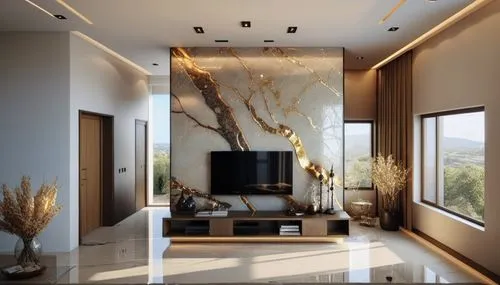 the modern design living room has marble walls and a large television set,interior modern design,travertine,stucco ceiling,contemporary decor,modern decor,interior decoration,Photography,General,Natur