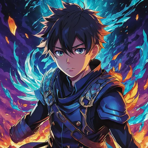 A heroic anime boy sacrifices himself to save his friends from a dangerous threat.,fire background,flame robin,morgan,king of the ravens,cg artwork,leo,burning earth,dragon fire,bonifacio,fire devil,d